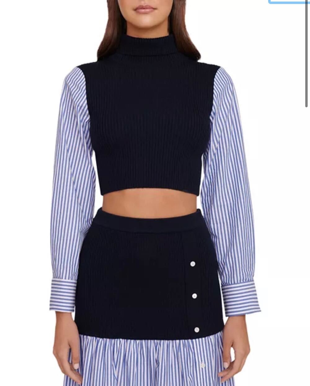 STAUD Louisa Blue Mixed Media Cropped Merino Wool Sweater Top Small NEW